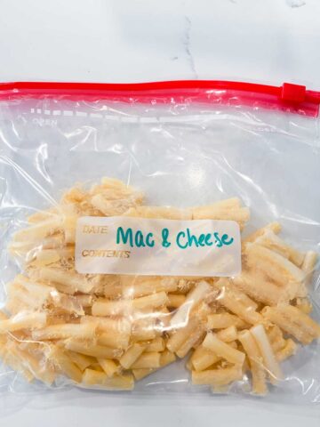macaroni and cheese in a small zipped freezer bag