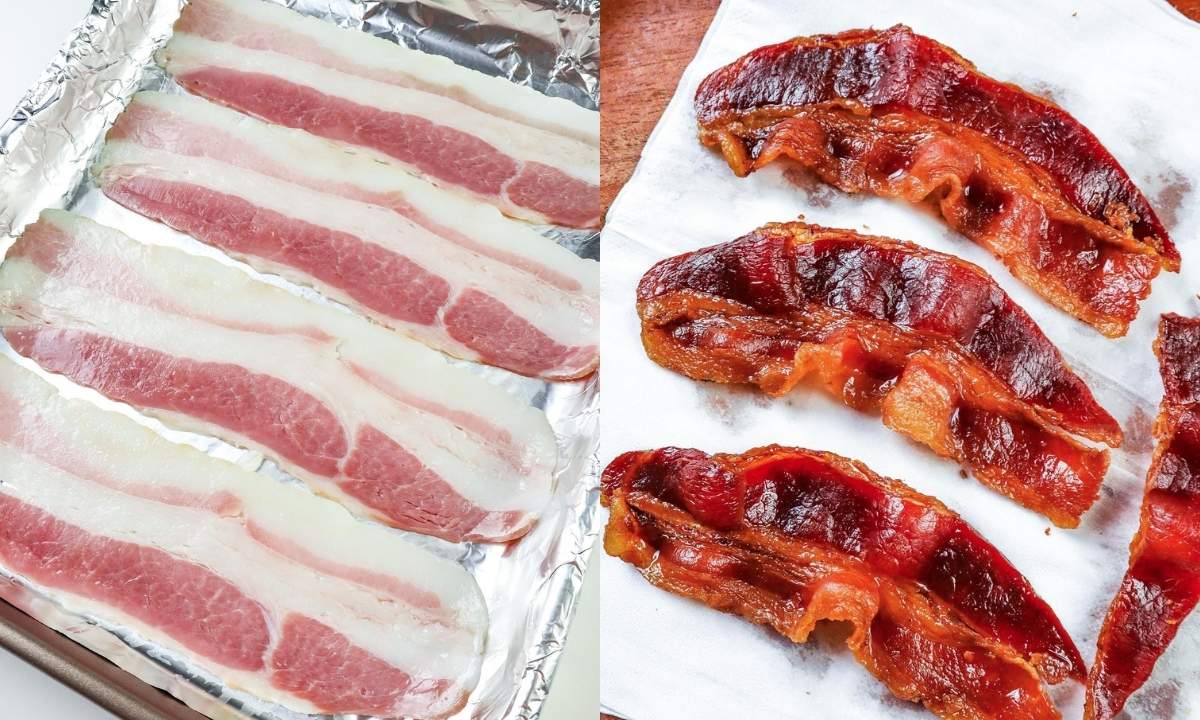 raw bacon slices on a baking sheet on the left with crispy cooked bacon on the right