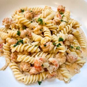 Crawfish monica on a while plate