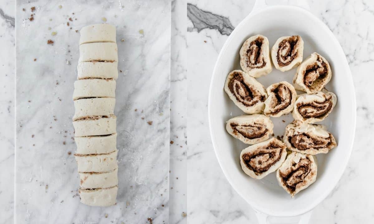 cinnamon roll dough sliced; next, baking dish with uncooked cinnamon rolls