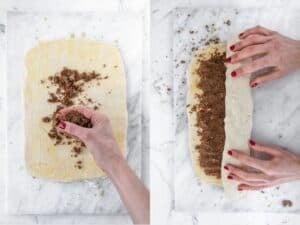 dough being sprinkle with cinnamon and sugar, then being rolled