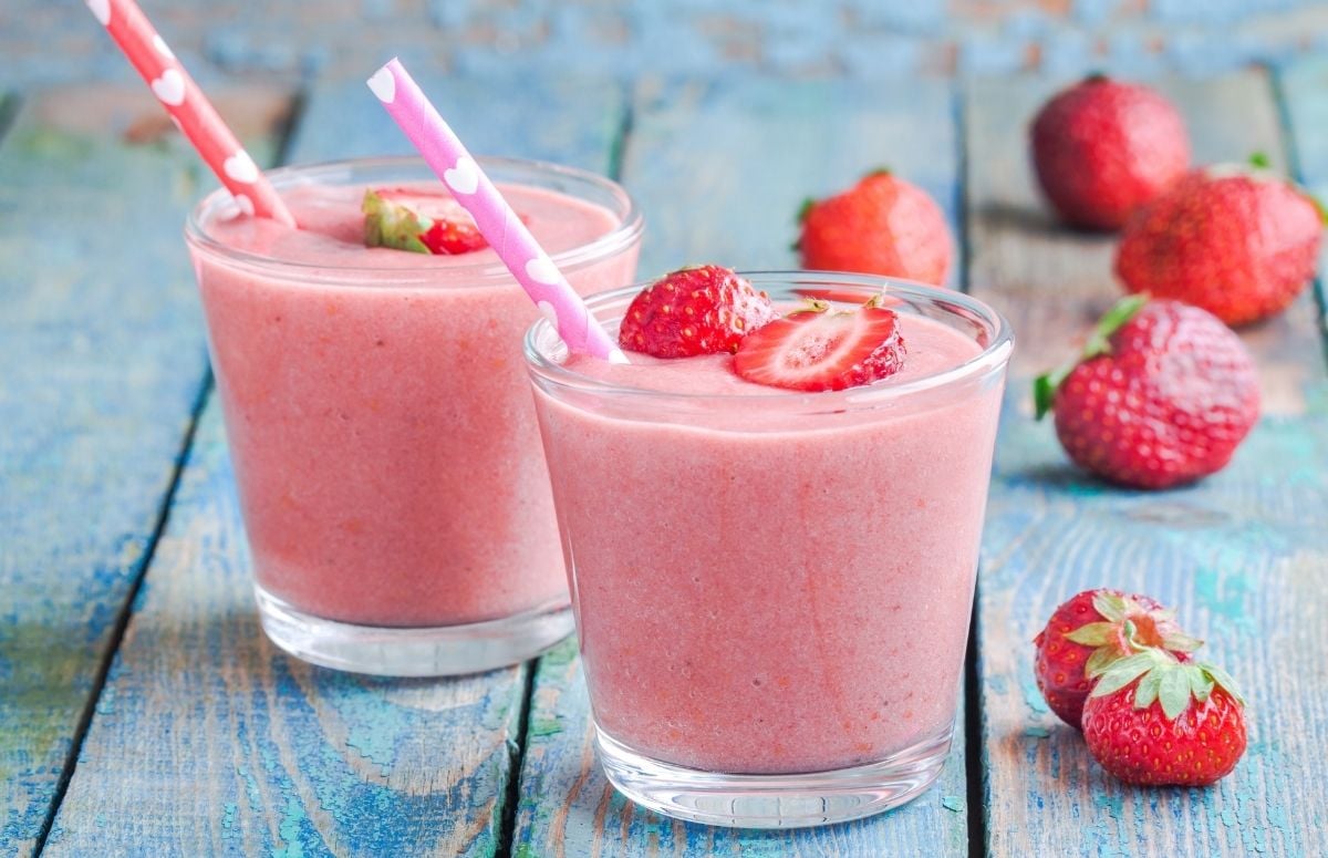two glasses of strawberry smoothie 