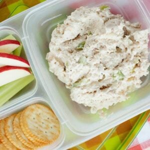 a lunchbox with crackers, sliced apples and celery, and chicken salad in the biggest compartment