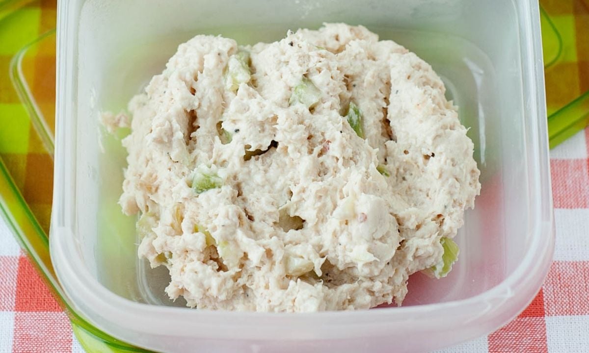 closeup of a lunchbox compartment with chicken salad