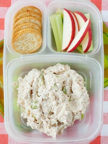 a lunchbox with crackers, sliced apples and celery, and chicken salad in the biggest compartment