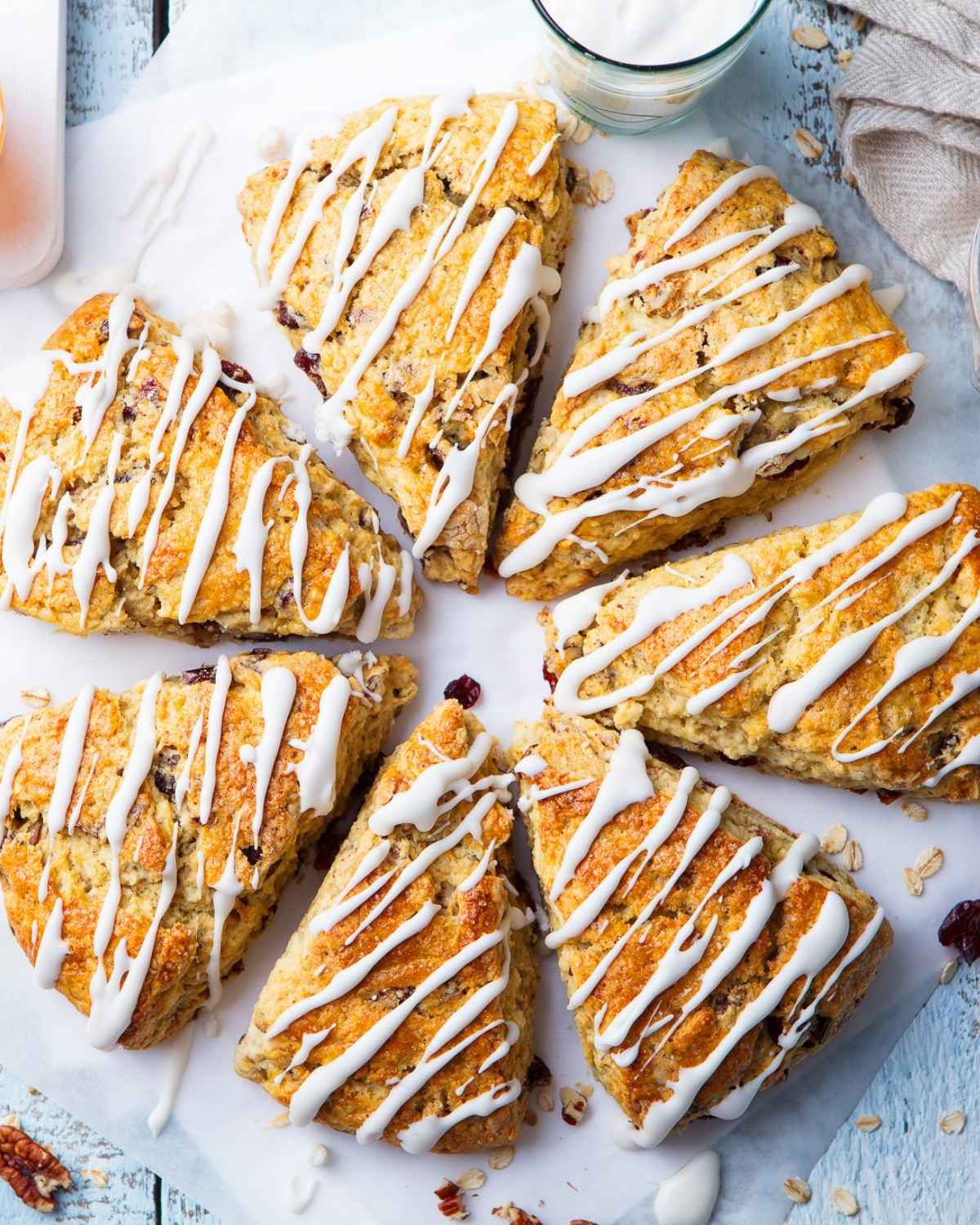 top view of seven cranberry orange scones
