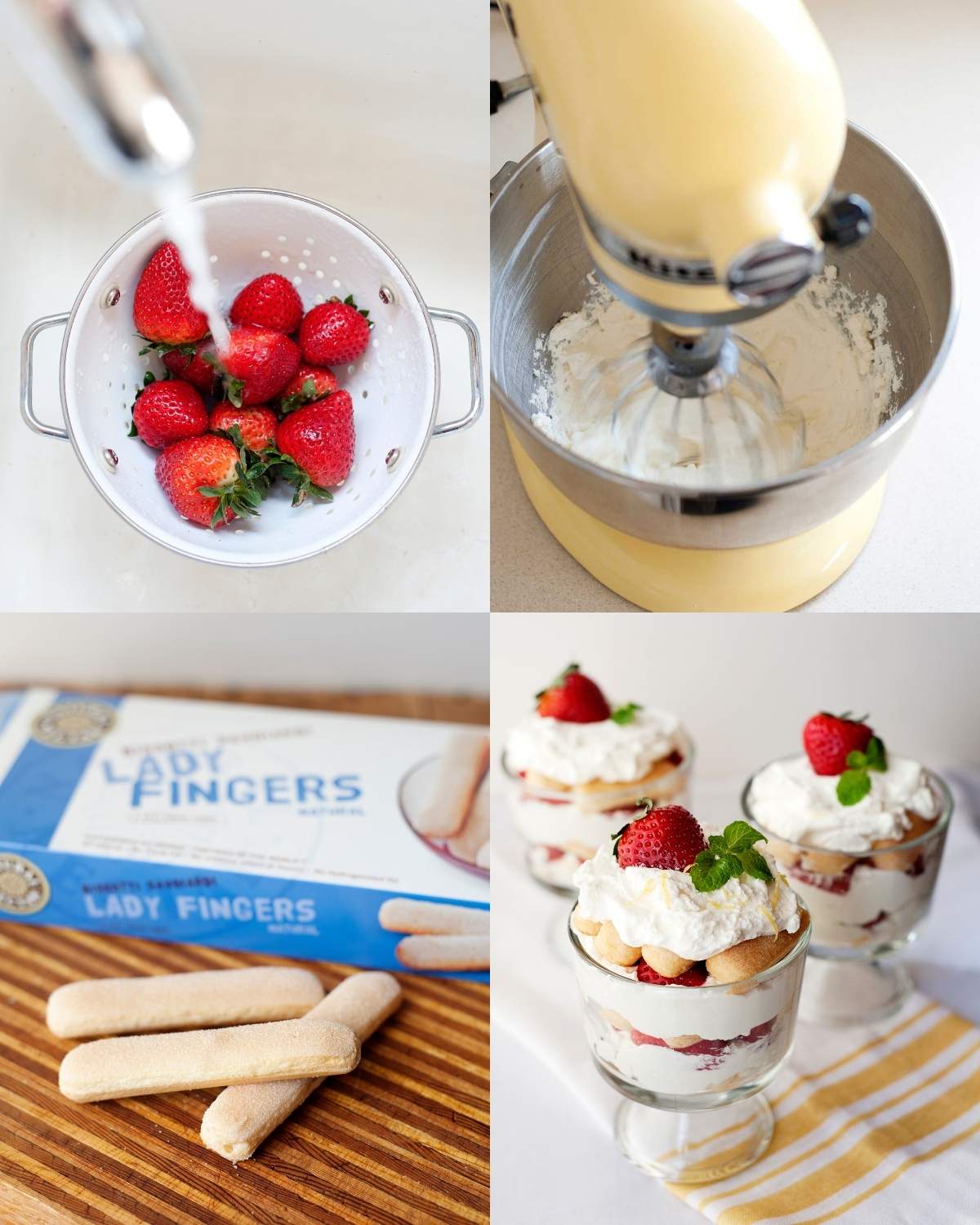 Top left: Strawberries rinsed in a colander. Top right: Whipped cream mixing in a stand mixer. Bottom left: Ladyfingers on a cutting board with box. Bottom right: Strawberry trifles layered with cream and ladyfingers in glass cups.