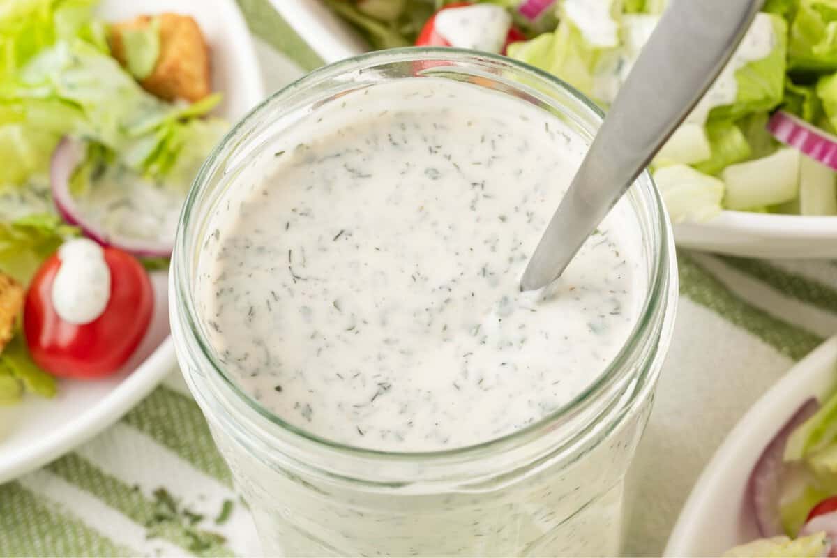 a jar with Greek yogurt ranch dressing