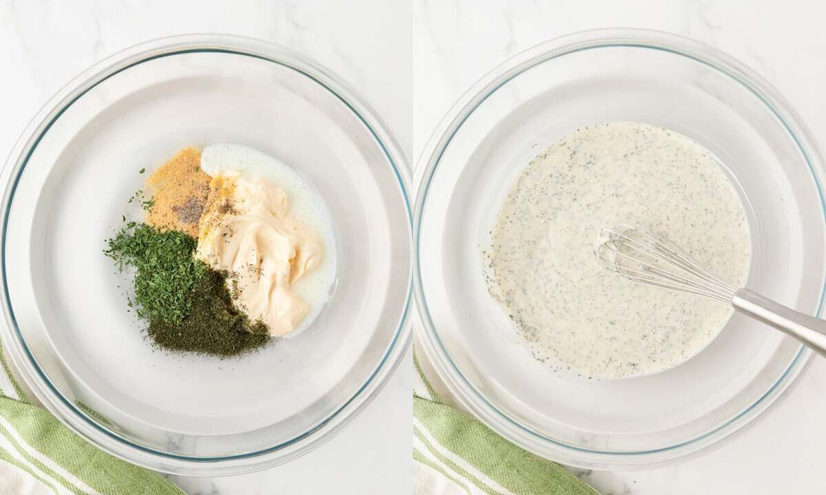 left: ingredients for Greek yogurt Ranch in a bowl; right: same ingredients being combined with a whisk
