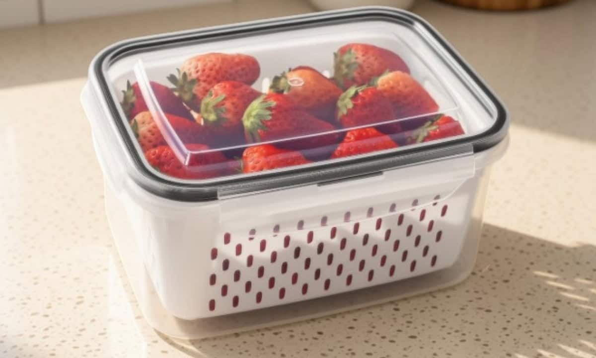 washed strawberries inside a storage container with a tray insert to keep them fresh longer