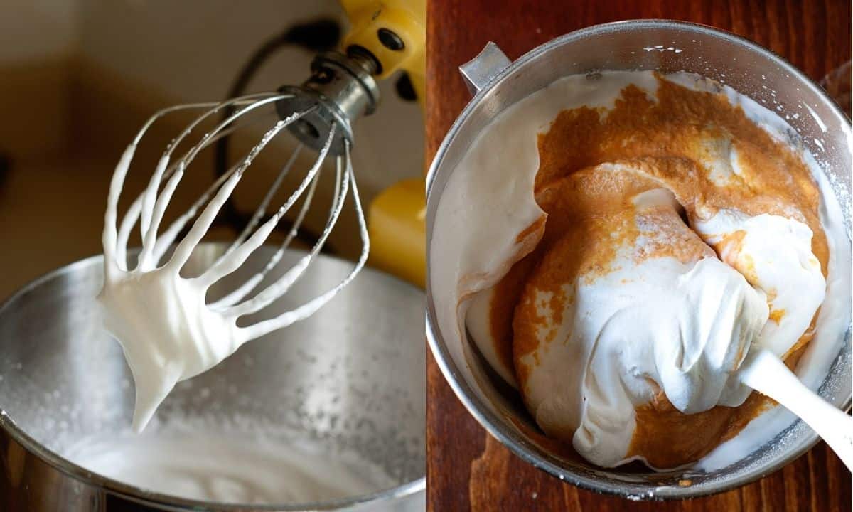Left: egg whites whipped into stiff peaks with a stand mixer. Right: the meringue is gently folded into the pumpkin batter until partially combined.