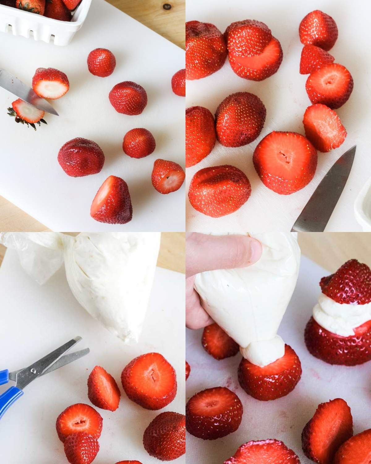 A four-image collage showing steps for making strawberry Santas.
Top left: Whole strawberries with their tops sliced off on a cutting board.
Top right: The strawberries cut into top and bottom sections.
Bottom left: A piping bag filled with cream cheese mixture beside the strawberry pieces.
Bottom right: Cream filling being piped onto the bottom half of a strawberry to assemble the Santa shape.