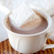large homemade marshmallow in a mug of hot cocoa