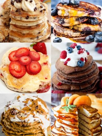 collage of pancakes in different recipes