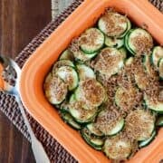 overhead view of zucchini au gratin in a baking dish