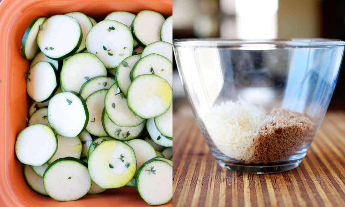 left: zucchini slices seasoned in a baking dish; right: a bowl with breadcrumbs and shredded cheese