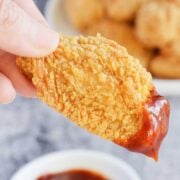 nuggets dipped in kid friendly barbecue sauce