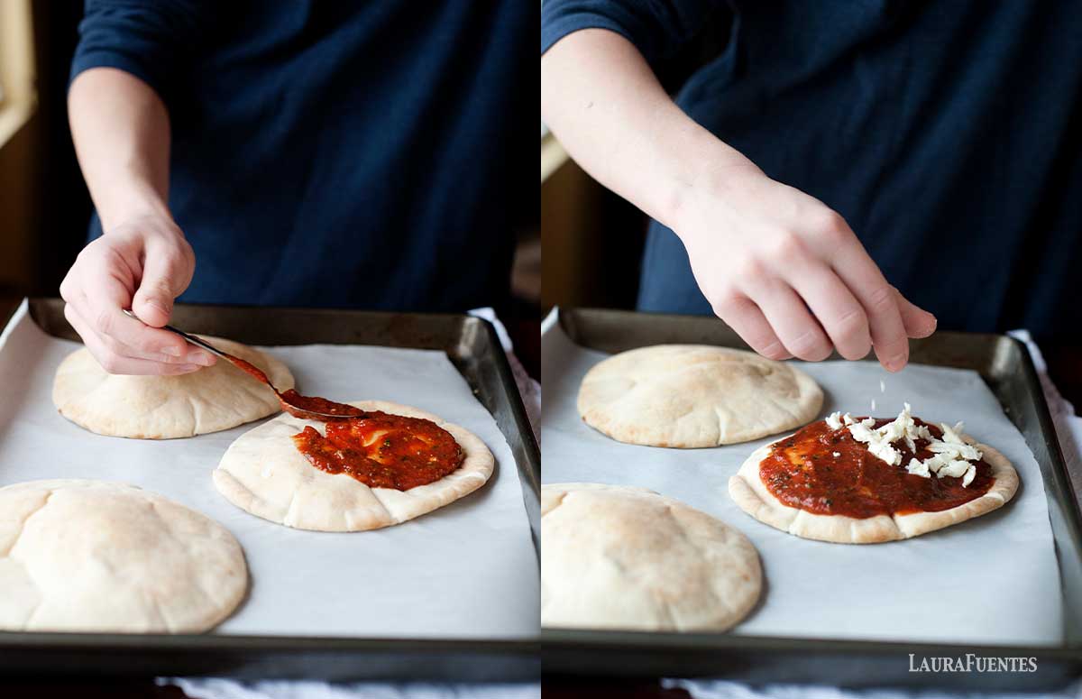 side by side images of covering pita pizza with tomato sauce and cheese