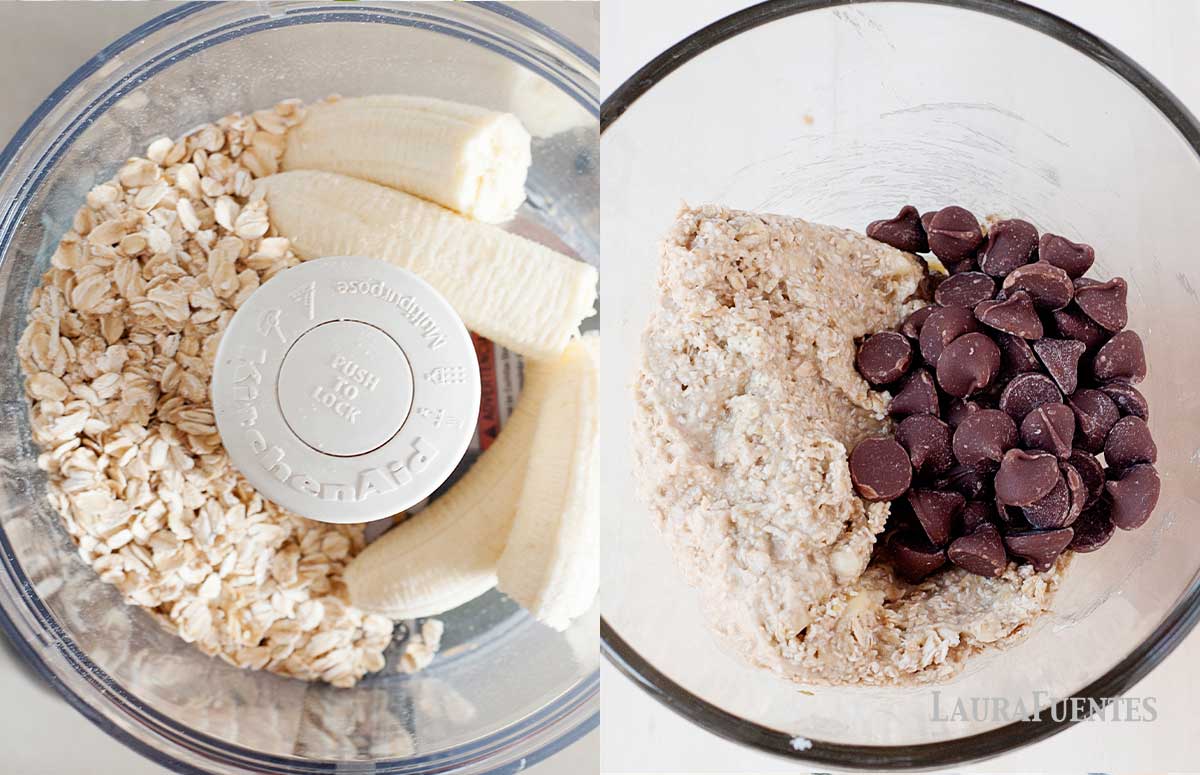 step by step images: oats and banana in a blender before blending, blended cookie dough with chocolate cips in a glass bowl before mixing