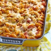 pasta baked in a yellow baking dish