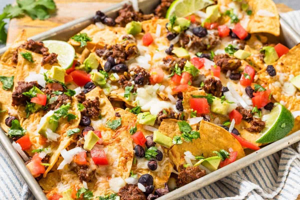 homemade nachos on a sheet pan