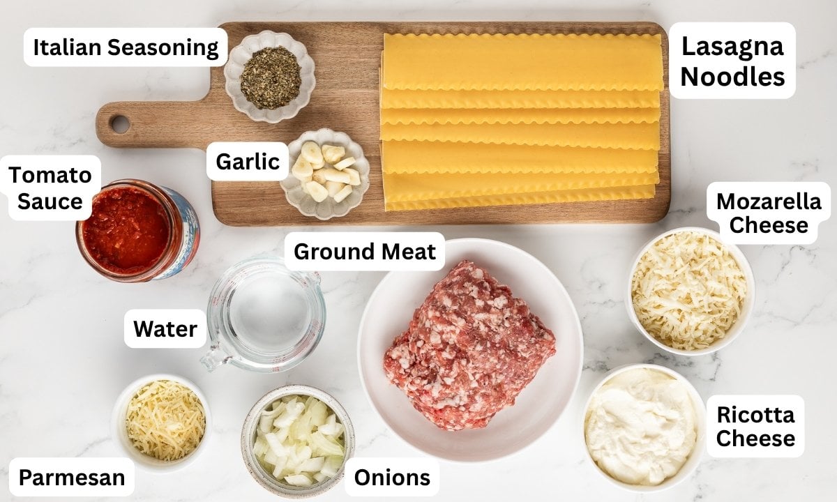 overhead view of ingredients needed to make a quick skillet lasagna recipe