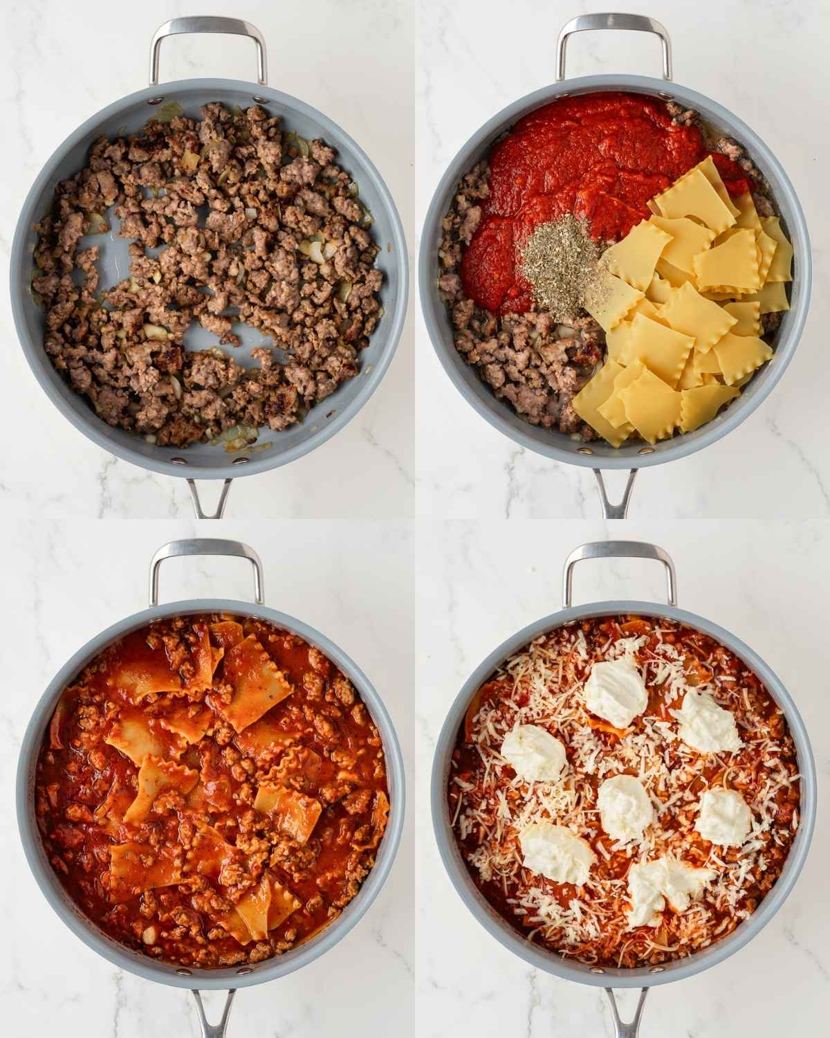 4 image collage with the steps for making skillet lasagna. top left is browning meat. top right adding tomato sauce and lasagna, bottom left is after cooking the noodles, bottom right is adding the cheeses