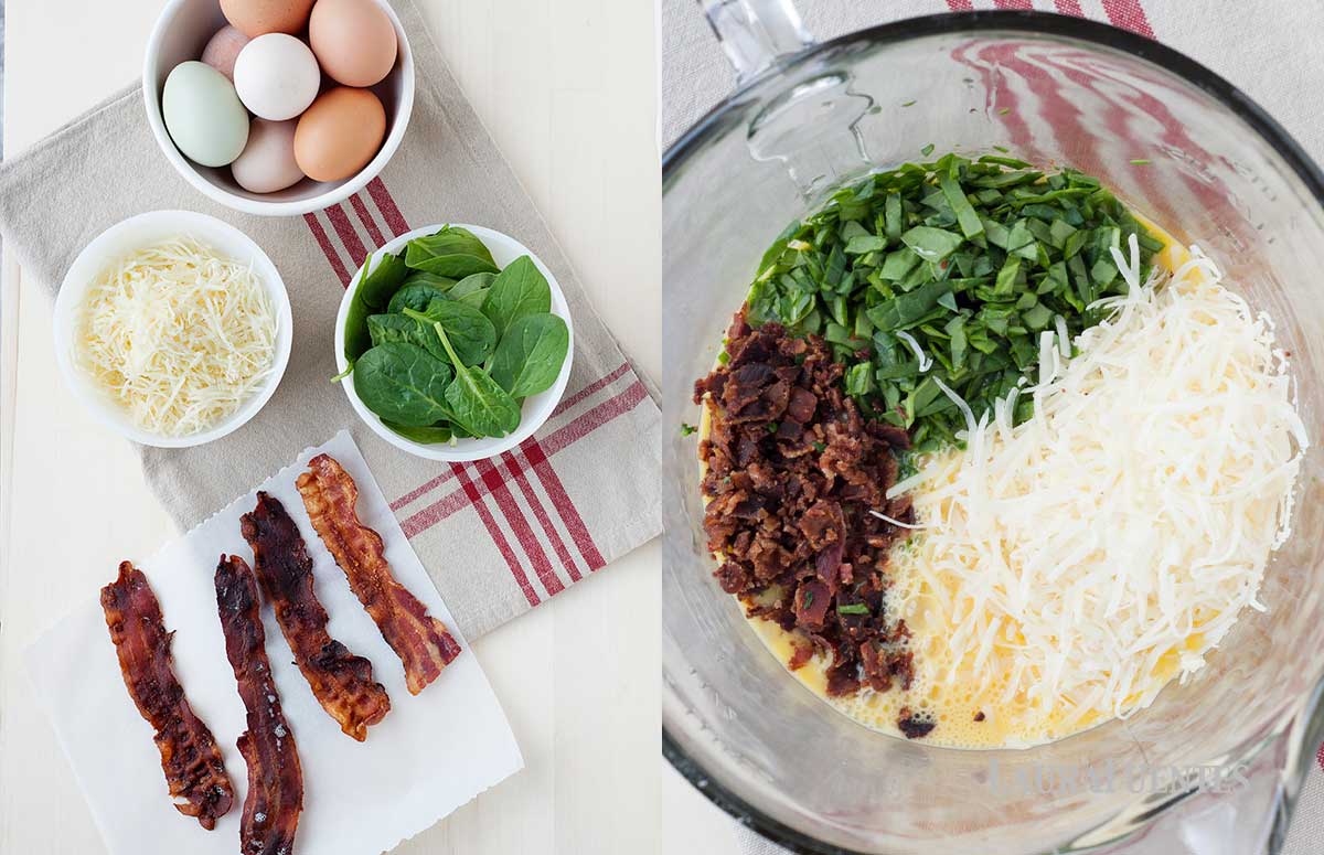 side by side images of making spinach bacon mini quiches, on the left: ingredients of bacon and spinach mini quiches: eggs, cheese, bacon, spinach, on the right: ingredients of bacon and spinach mini quiches: eggs, cheese, bacon, spinach mixed in a glass bowl