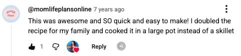 testimonial of how easy and delicious making this skillet lasagna recipe was