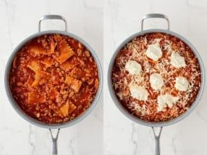 left: lasagna noodles, ground meat and tomato sauce in a skillet; right: same skillet topped with cheese