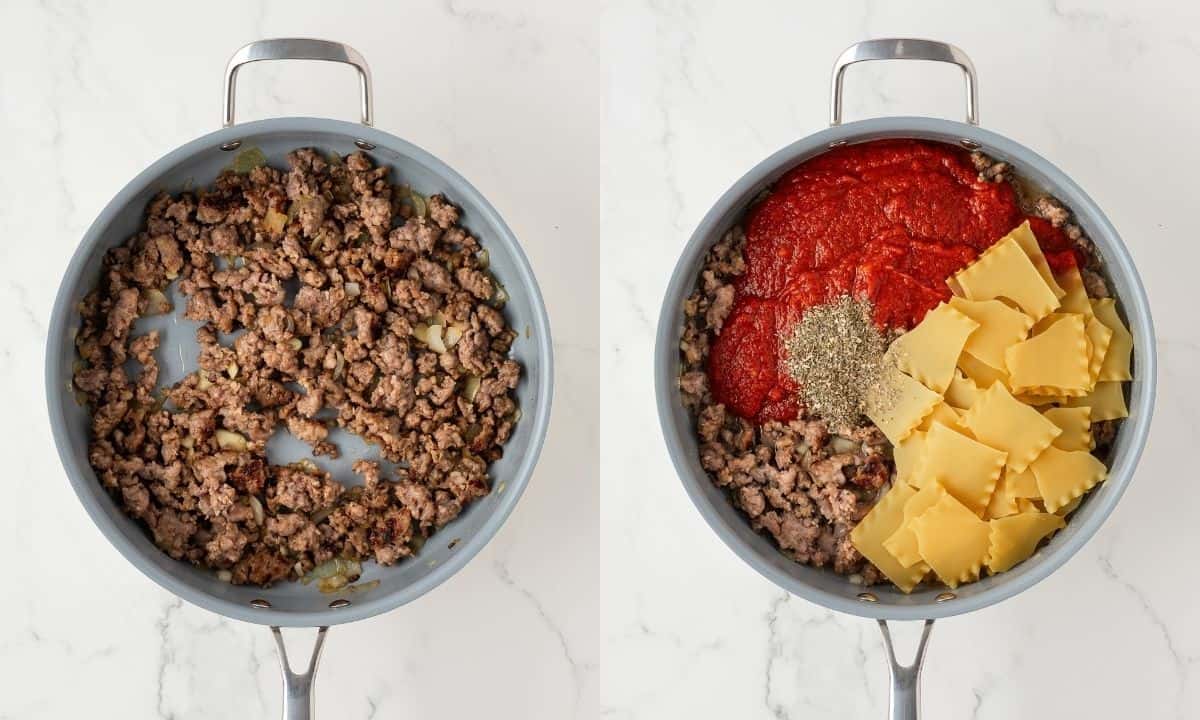 left: meat browning in a skillet; right: adding tomato sauce and lasagna to the same skillet