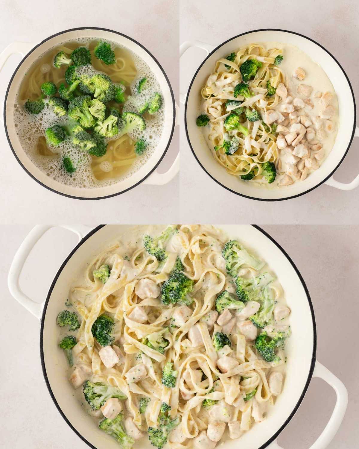 3 image collage (2 on top, one at the bottom) of steps to make chicken broccoli alfredo pasta. top left is boiling the pasta and cooking broccoli in a pot, top right is combining the sauce and the cooked pasta and chicken in a skillet, and bottom image is the finished recipe