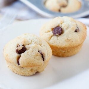 two chocolate chip pancake muffins on a plate