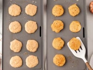 side by side image of cooking pumpkin pancakes. on left is the first side of cooking, on the right is when they're done cooking ready to be taken off the hot griddle