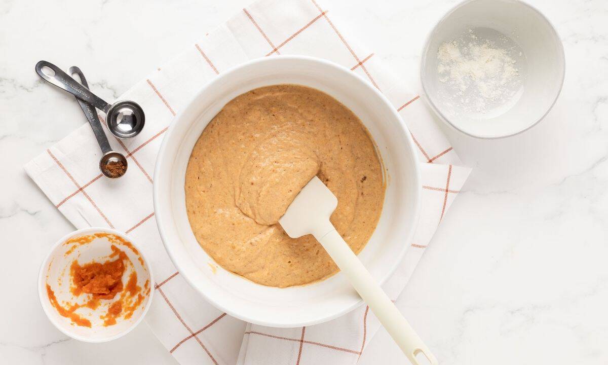 overhead view of pumpkin pancake batter