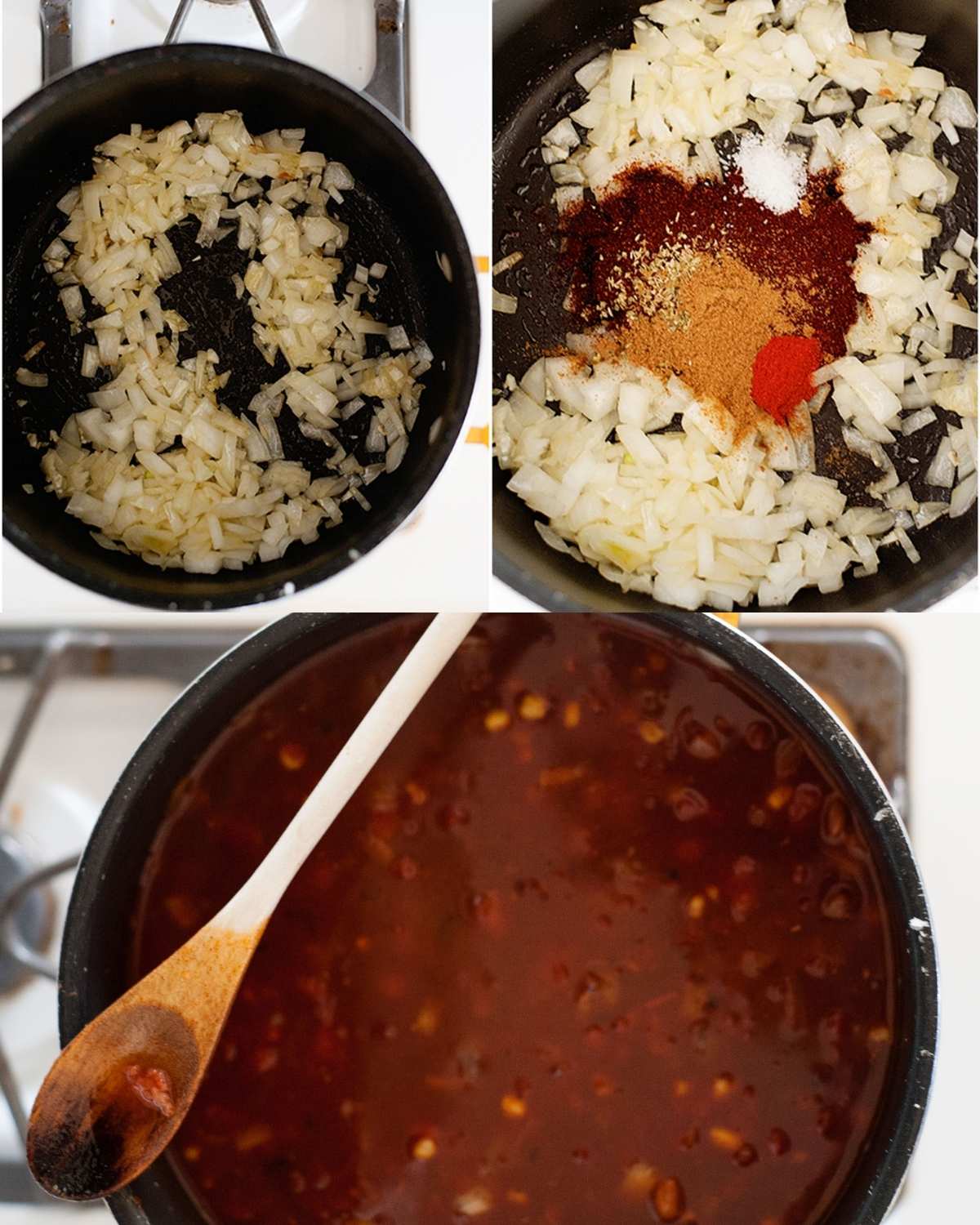 Collage of step-by-step enchilada soup recipe: top left shows diced onions cooking in a pot until softened, top right shows spices added to the onions before stirring, and bottom shows the soup simmering in the pot after the broth, beans, and remaining ingredients have been added.