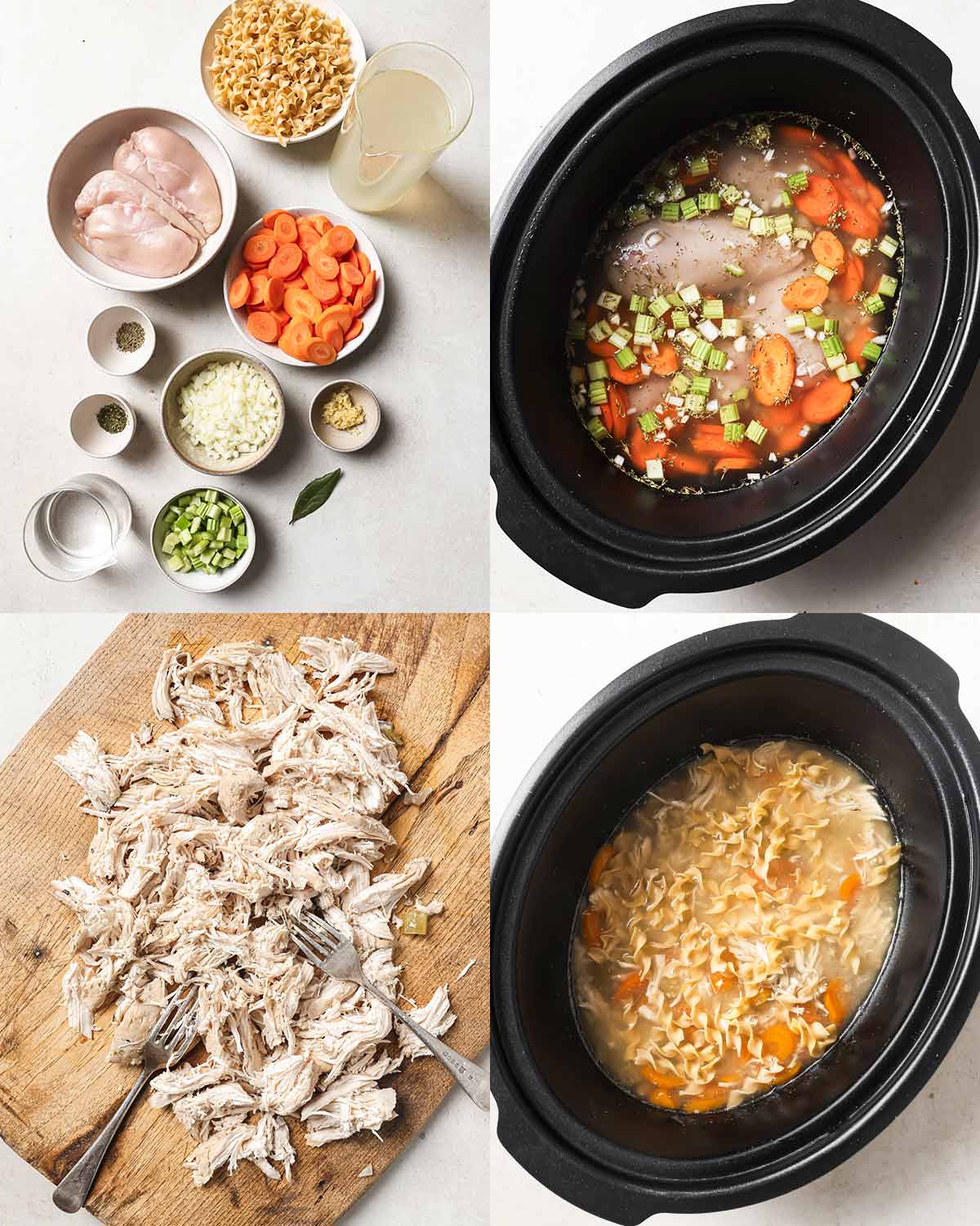 overhead 4 image collage of the ingredients and steps to make rotisserie chicken noodle soup in a slow cooker. top left is all raw ingredients on the counter, on top right all the ingredients in the bowl of crockpot without the pasta, bottom left is the cooked chicken shredded on a board, chicken, bottom right is the cooked chicken shredded and pasta back in the slow cooker bowl for last step of cooking
