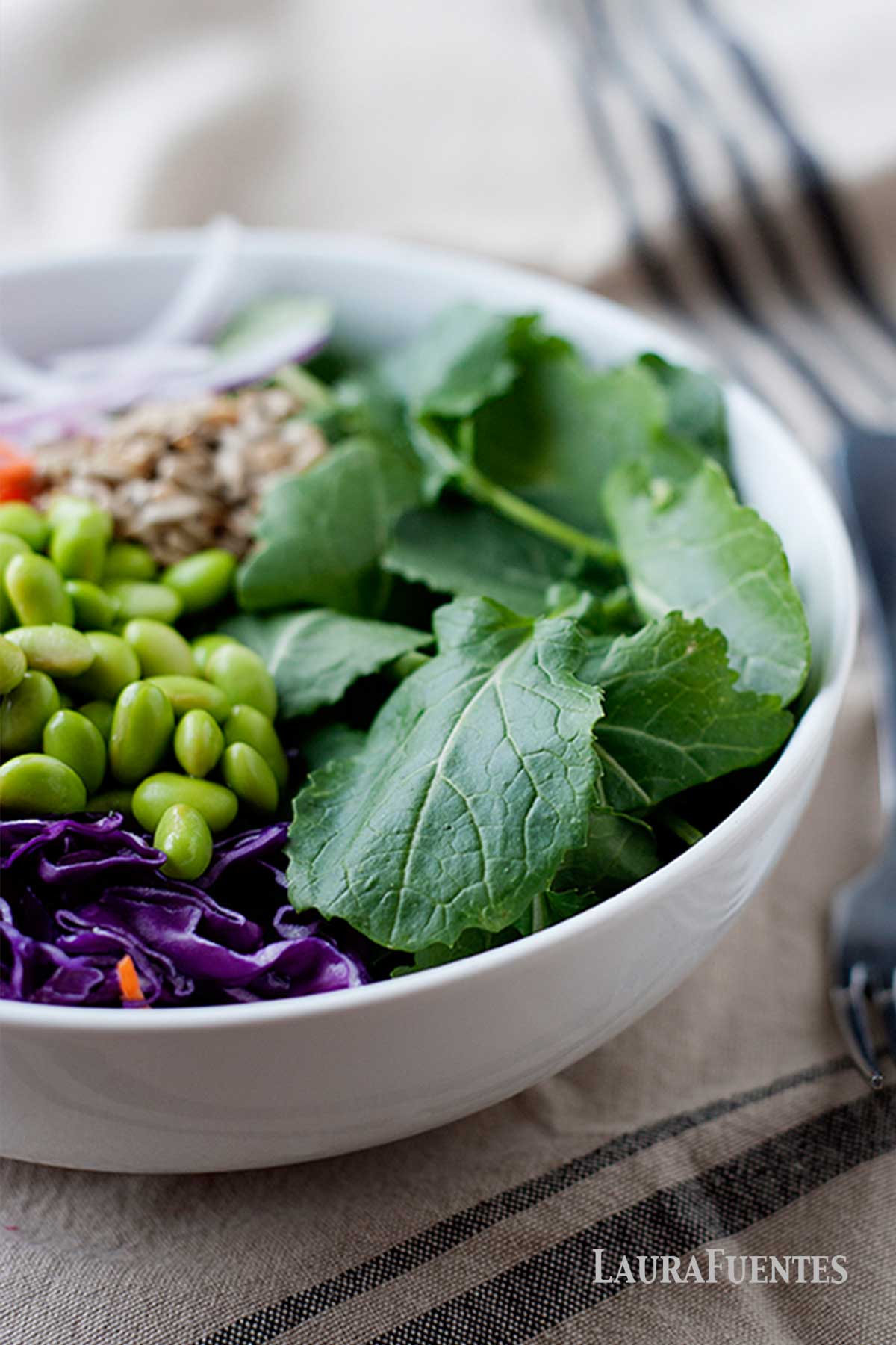 kale salad with sesame ginger dressing in a white bowl
