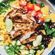 top view of santa fe chicken salad with tomatoes, avocado, corn, and black beans