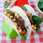 delicious breakfast tacos with turkey sausage, fresh pineapple salsa, and spinach that only take 45 seconds to make! A super delicious quick breakfast idea