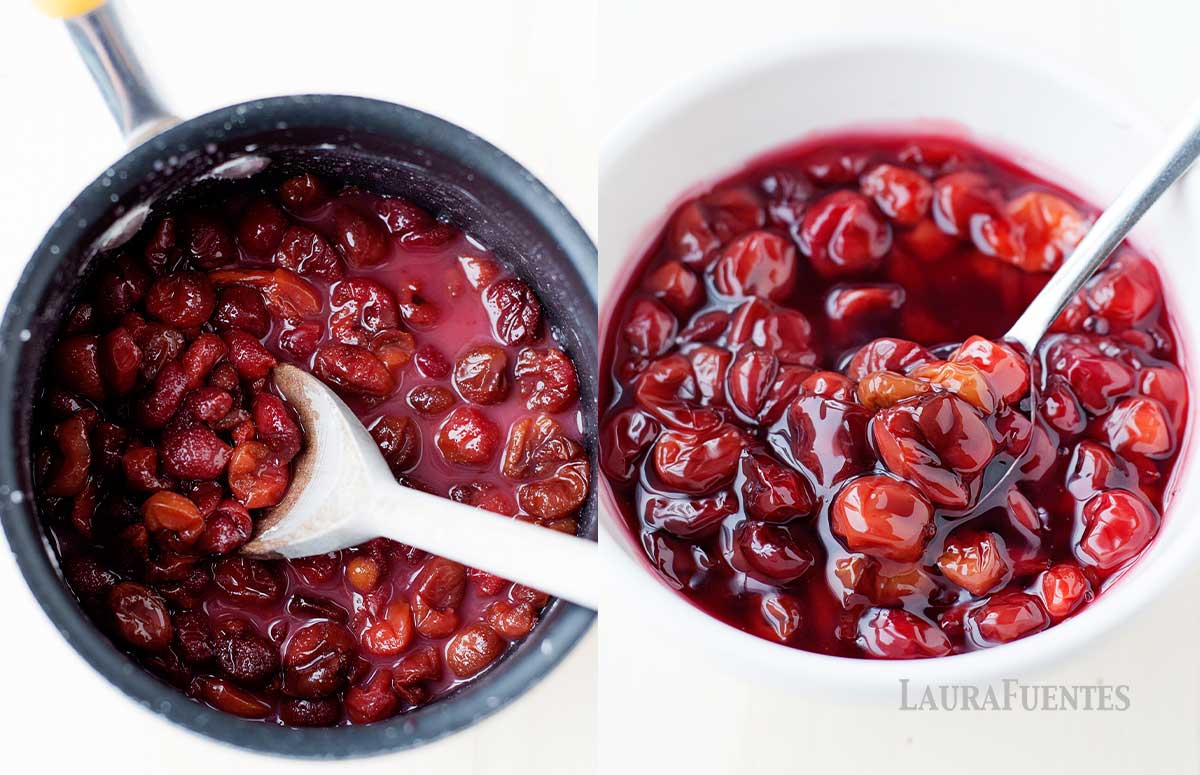 side by side images of the process of making the cherry hand pies stuffing
