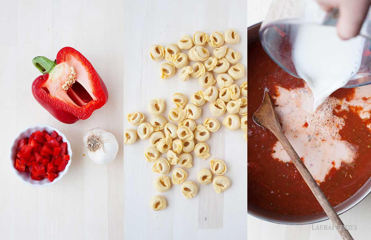 a collage of the steps making of the tomato tortellini soup: ingredients and pouring cream into the soup