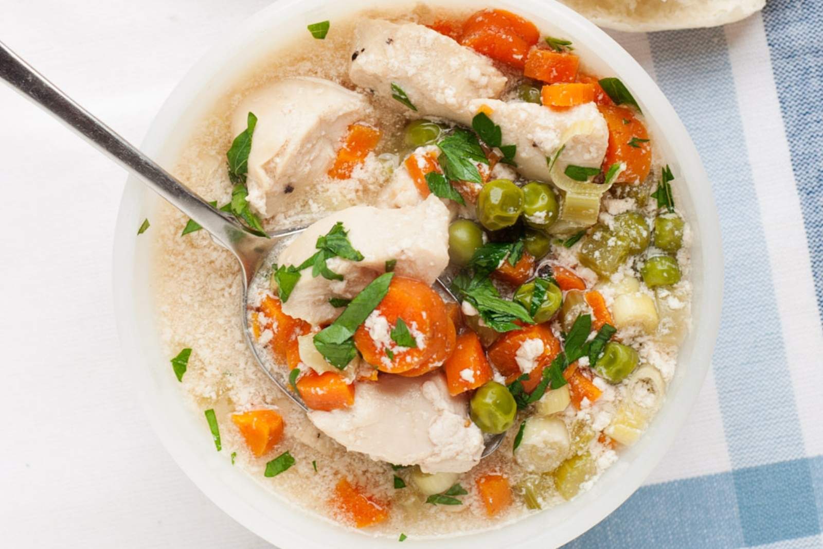 overhead view of chicken pot pie soup in a bowl