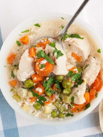 overhead view of chicken pot pie soup in a bowl