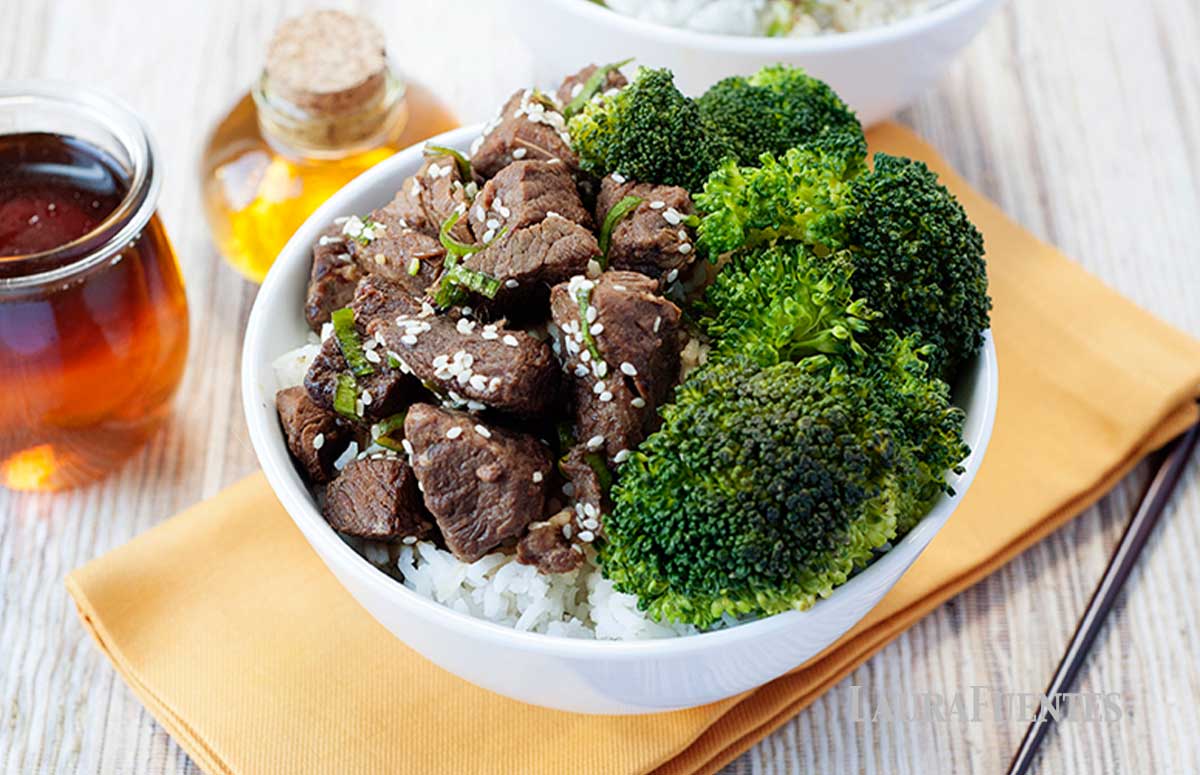 a bowl of healthy slow cooker beef & broccoli