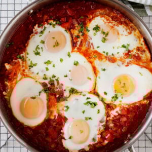 overhead view of large skillet of shakshuka