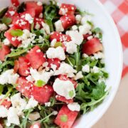 a bowl of watermelon feta salad