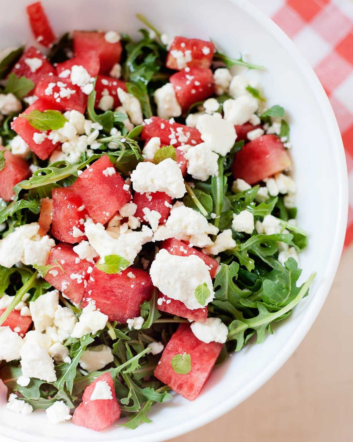 a bowl of watermelon feta salad