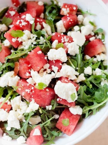 a bowl of watermelon feta salad