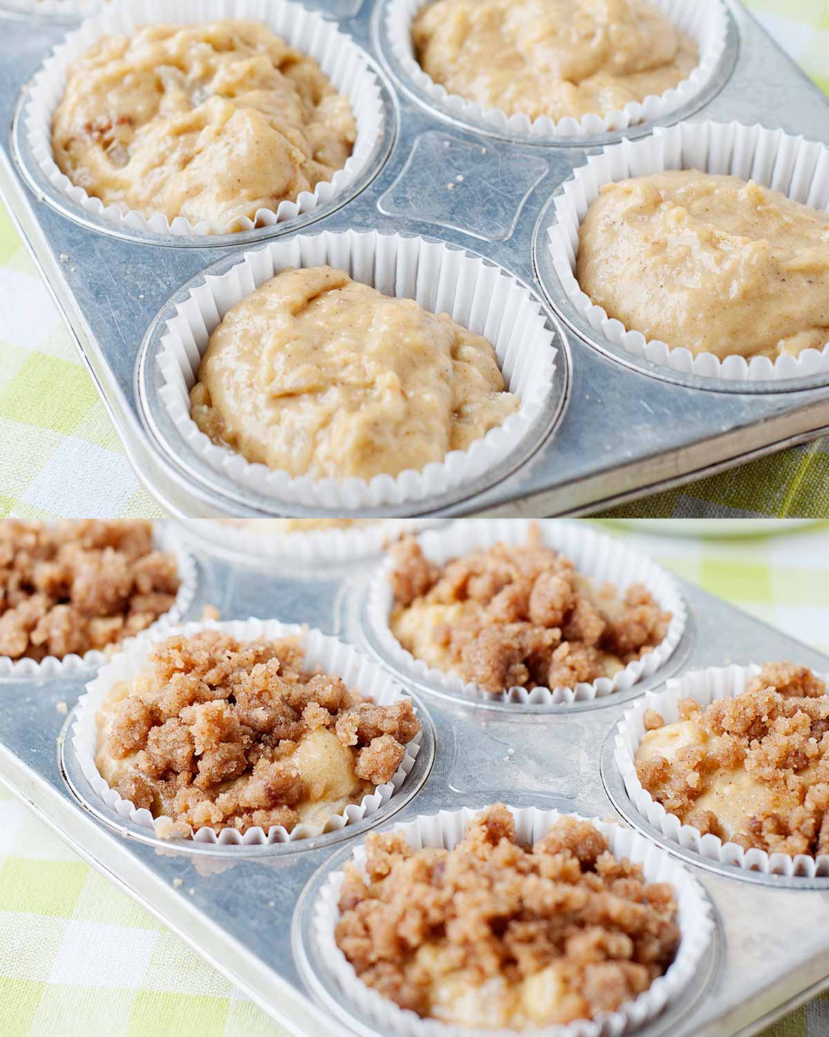 image collage with 2 images. top image shows muffin tins filled with batter. bottom image shows the muffin batter topped with the cinnamon crumble. 